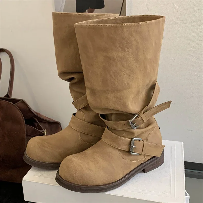 Eilyken Punk Design Belt Buckle Knee-High BootsWomen Round Toe Square Heels Shoes Modern Booties Autumn Winter Zapatos De Muje