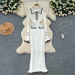 French Elegant Sexy Single Breasted Long Sleeve Bodycon Dress French Stretch Knit Tight Vestido Slim Autumn Winter Robe