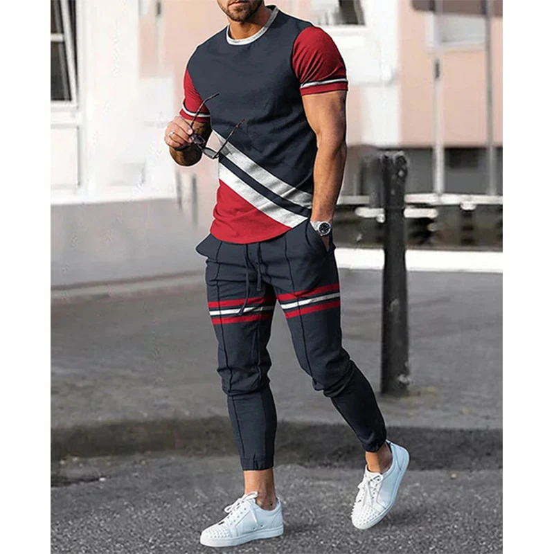 Men\'s T-shirt Pants Tracksuit Stripe 3D Print T Shirts Trousers Sets 2 Pieces Fashion Streetwear Male Oversized Suits Sportswear