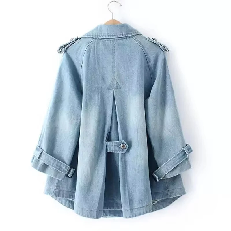 

Denim Cape Coat Female Jacket Double Breasted Jackets Women Office Lady Windbreaker Denim Basic Coats Autumn Overcoat