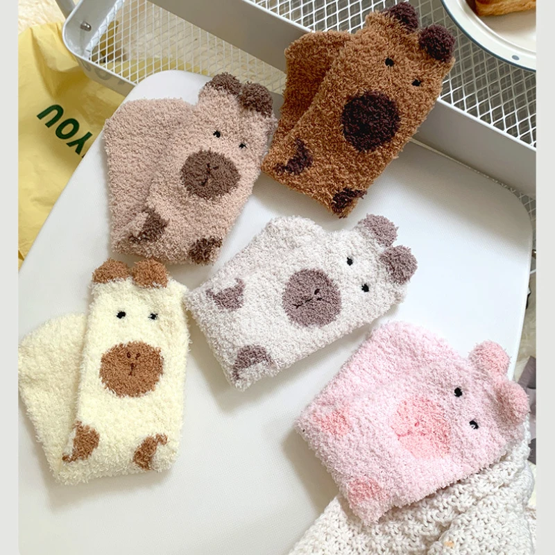 Cartoon Cute Animal Kapibala Cotton Socks Women Coral Fleece Capybara Socks Breathable Soft Unisex Winter Floor Sleep Socks