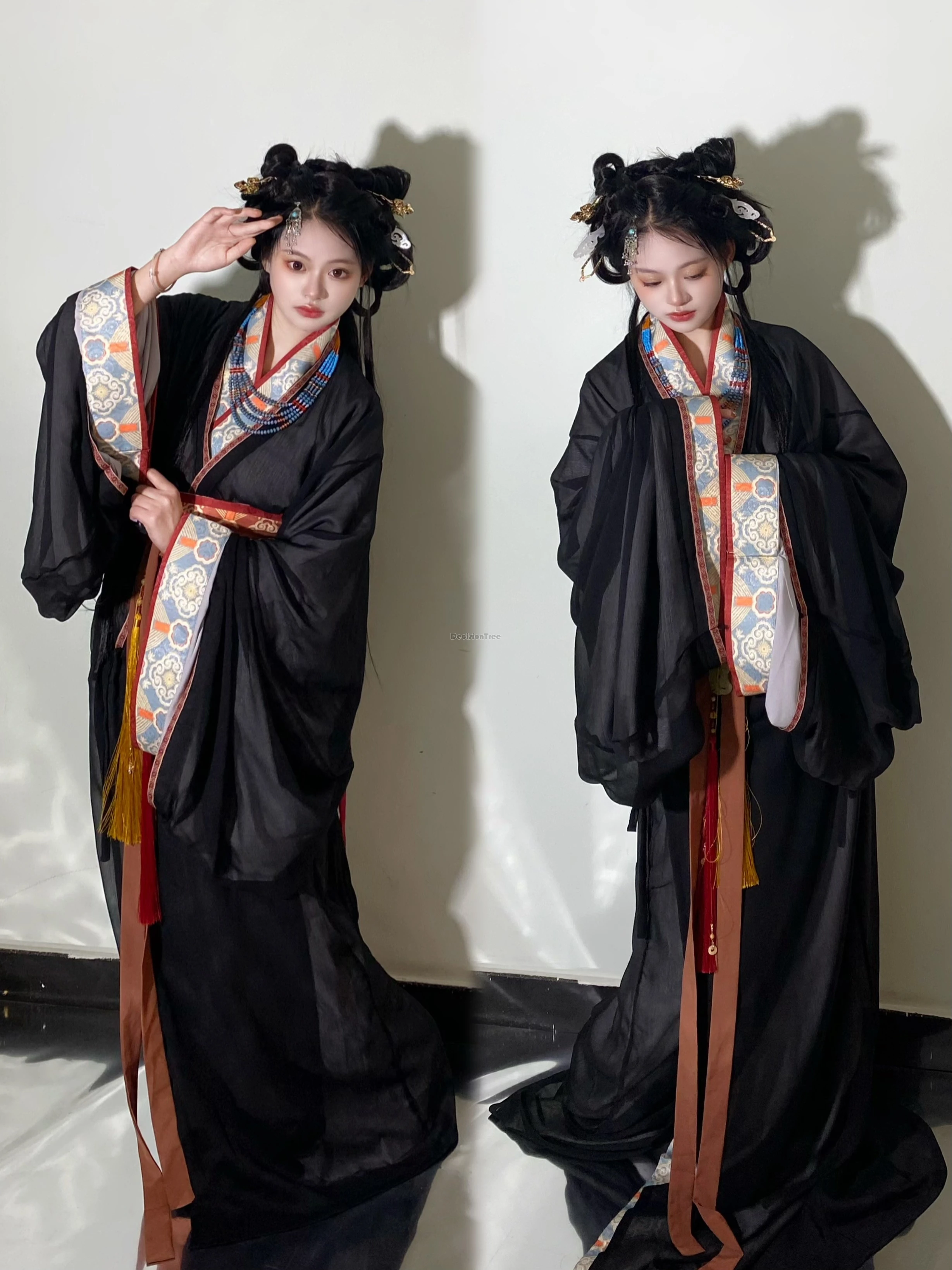 

2024 chinese ancient women hanfu clothes traditional cross collar big sleeve plus long tail hanfu women retro daily hanfu t001