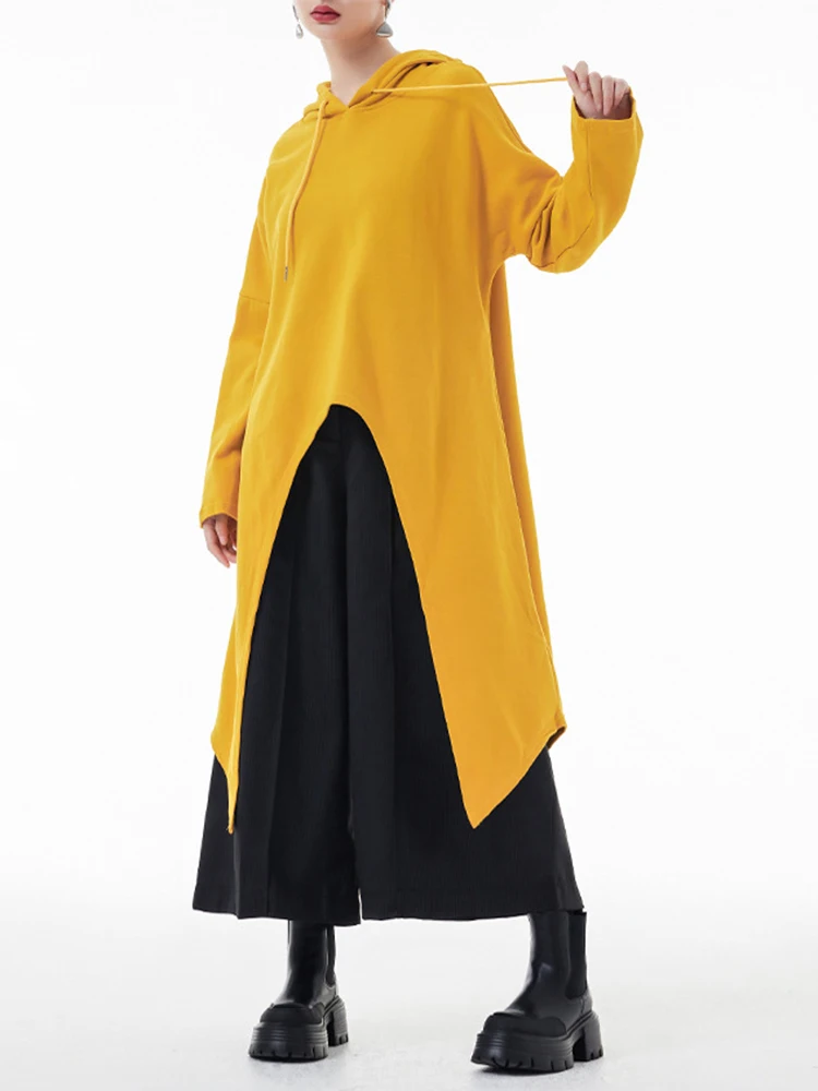 EAM Yellow Irregular Midi Sweatshirt New Hooded Drawstring Long Sleeve Women Big Size Fashion Tide Spring Autumn 2023 1DH3876