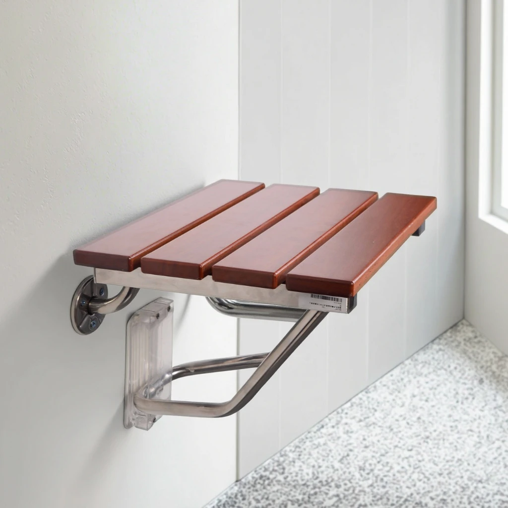 

Modern Design Wall-Mounted Folding Shower Chair Seat Wood and Stainless Steel for Bathroom or Hospital Use