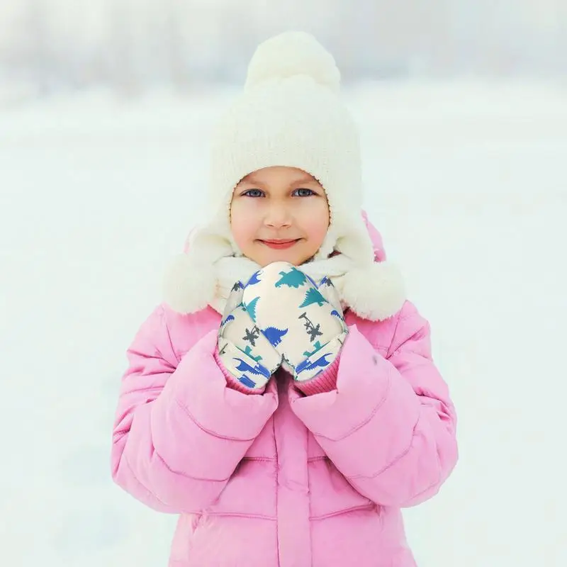 Zimowe rękawice narciarskie 1 para polarowe rękawice narciarskie dla dzieci z kreskówek Śnieżne lub deszczowe dni Szybkoschnące rękawiczki z nadrukiem dinozaura dla