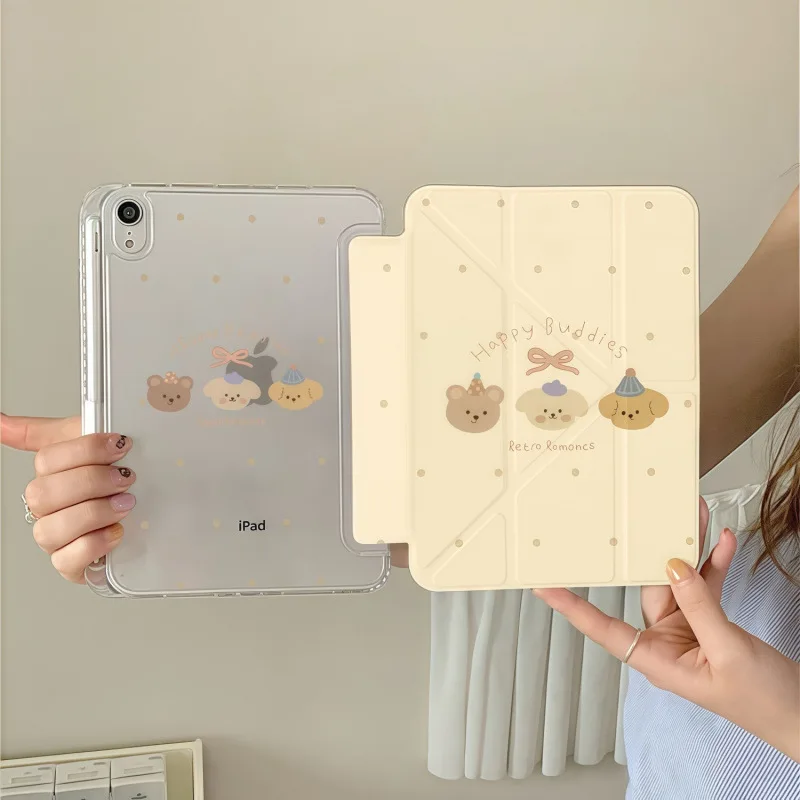 Milk Yellow Bear iPad Case For iPad Pro 11 13in 2025 iPad Pro 12.9in Air7 10th 11th M4/5 Anti-fall 3+Y Fold Protective Cover