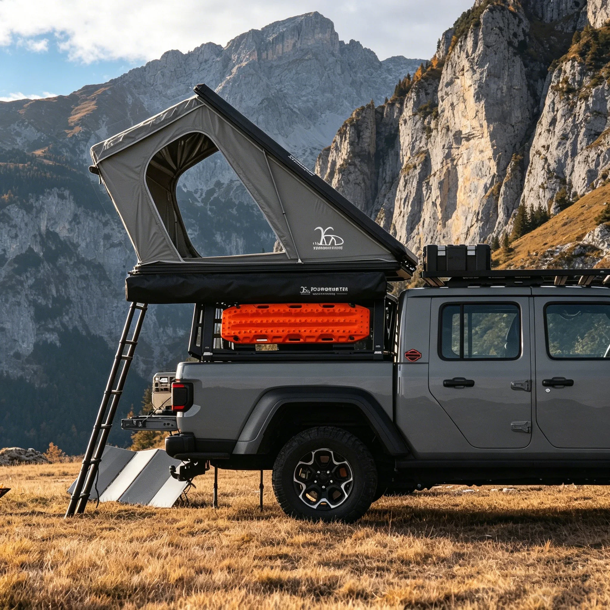 Upgraded Weather Resistant Compact Vehicle-Mounted Triangle Roof Top Tent with Extended Canopy