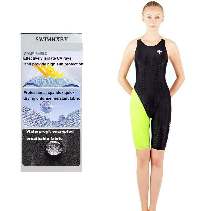 Fastskin One Piece Swimsuit Knee Length Racing Swimsuit Female Swimming Outfit HXBY Women Professional Sporty Swimwear
