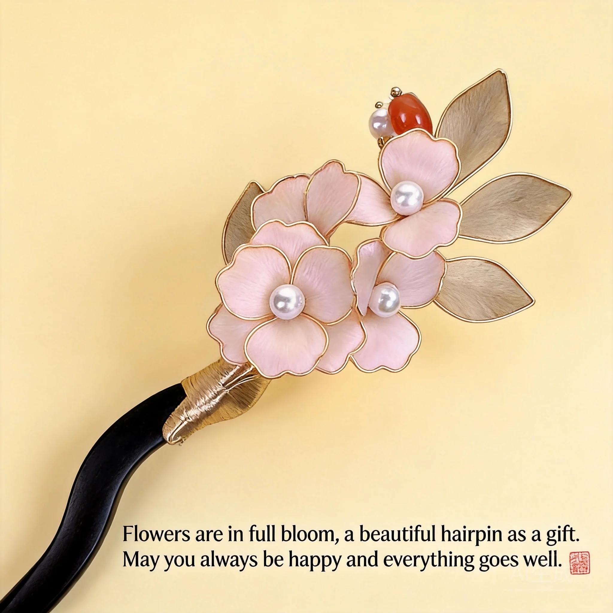 Chinese Lucky Blessing Handmade Mulberry Silk Velvet Flower Hairpin Soft Pink Pearl Decor Hair Stick For Hanfu Cheongsam Women