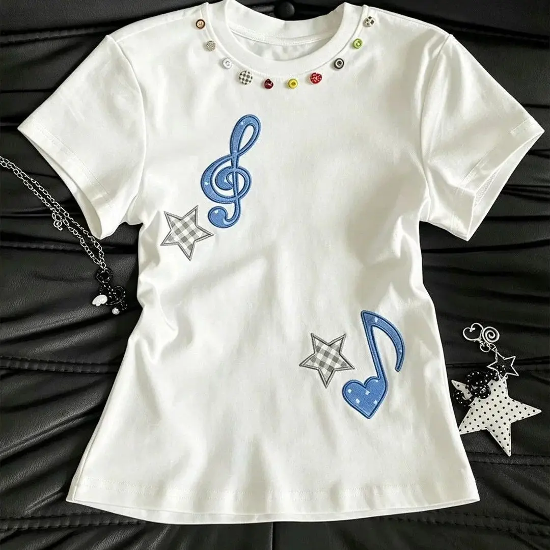 Music Note Star chic graphic T-Shirt with Colorful Button Collar sweet cute women japanese 2000s Coquette & Schoolgirl Aesthetic