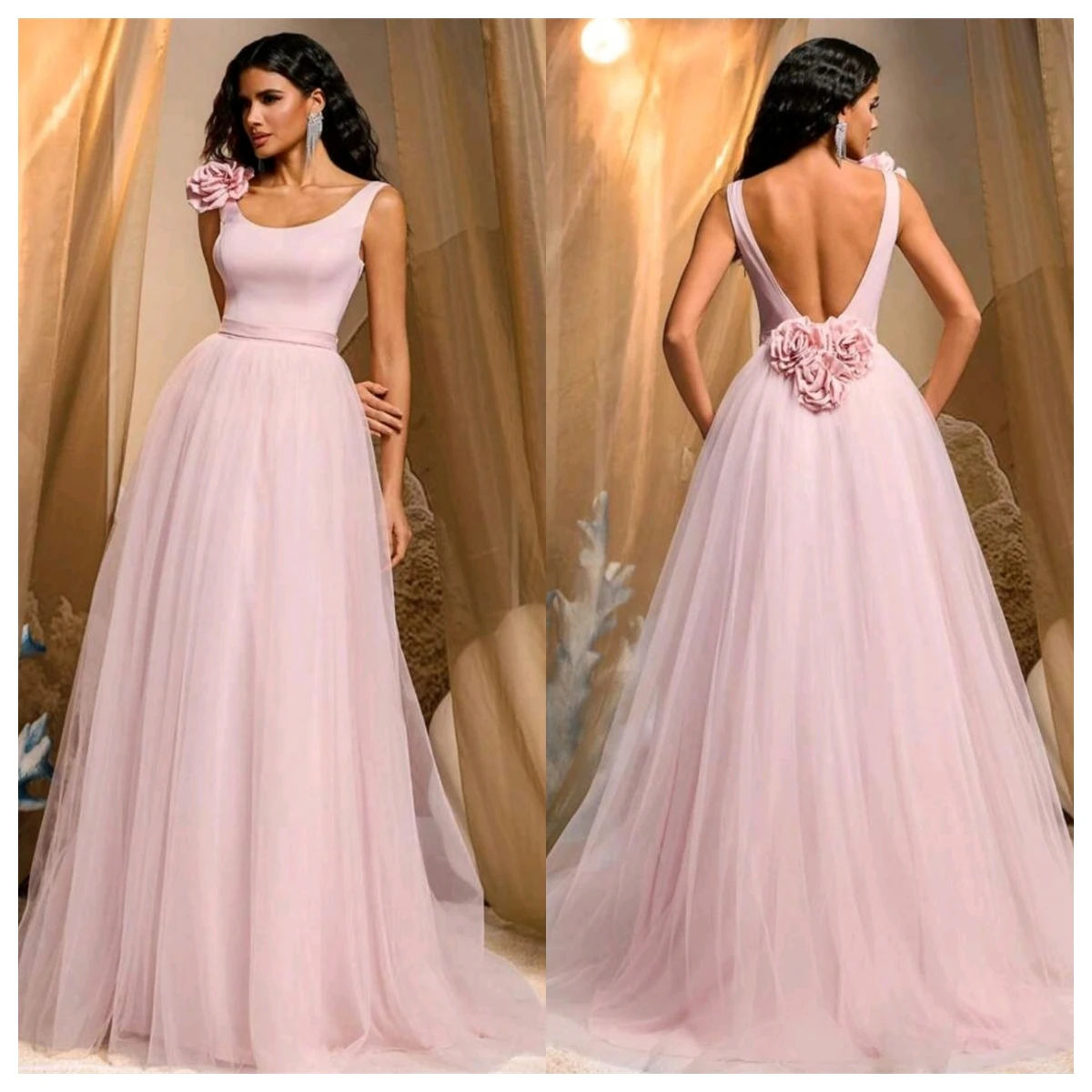 Maßgeschneidertes klassisches rosa Organza-Abendkleid, exquisites Partykleid mit U-Ausschnitt und Spaghettiträgern, zartes, rückenfreies Heimkehrkleid