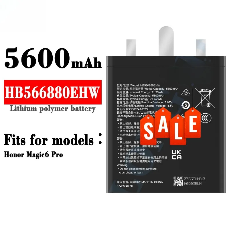 3.86V 5600mAh Applicable To Huawei Honor Magic 6 Pro Battery HB566880EHW Mobile Phone Battery New Large Capacity