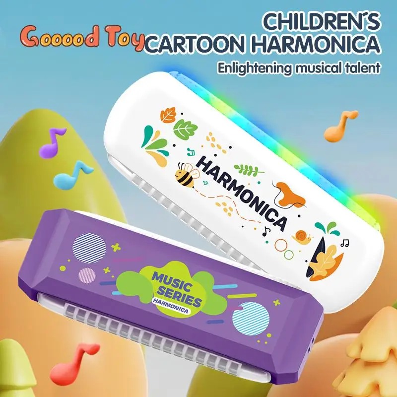 Kids Musical Harmonica Toy with Lights Cartoon 16Hole Harmonica for Beginner Wind Instrument Children's Early Learning Music Toy