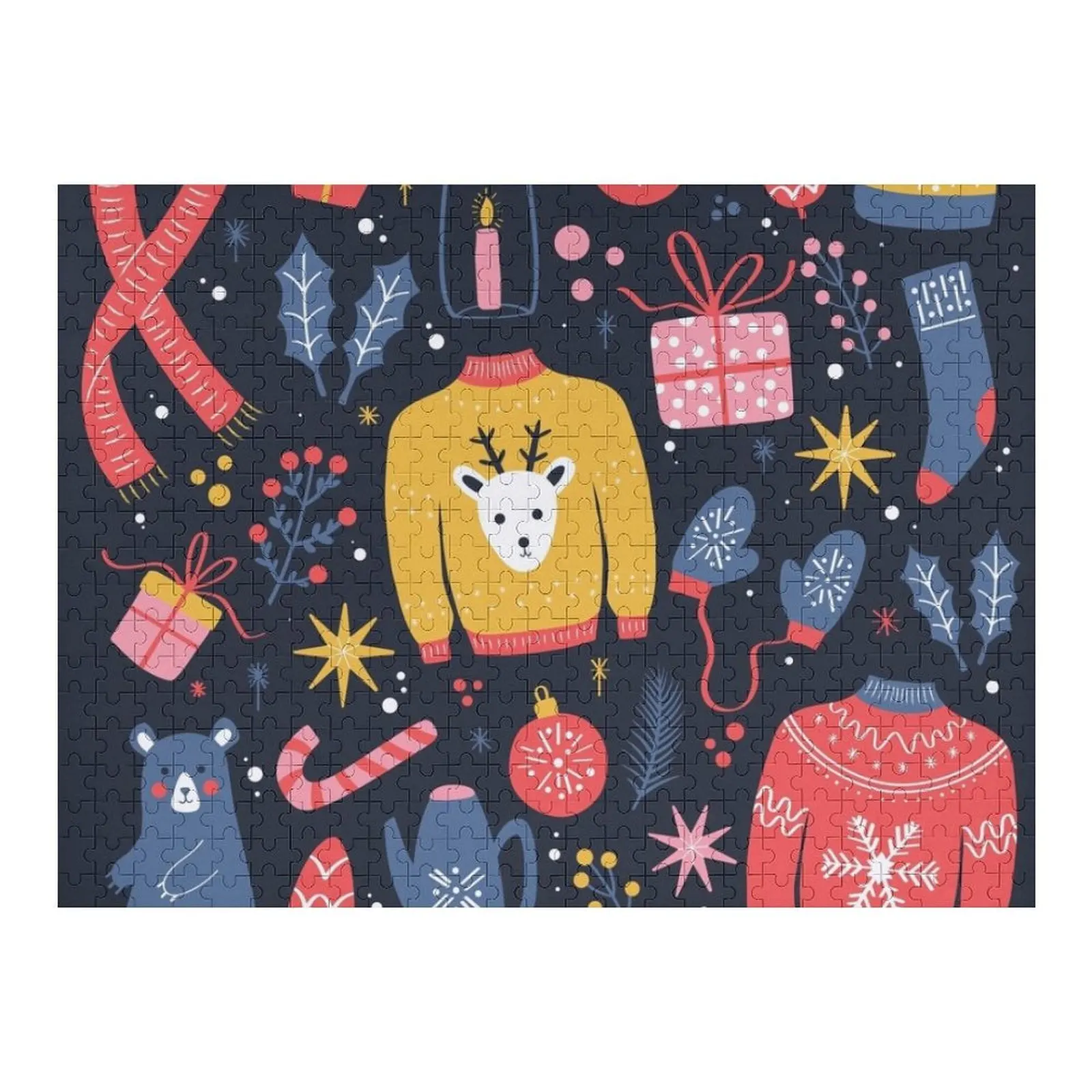 

Collection of new year and christmas elements. Traditional winter holiday decoration, clothes, gifts and animals, Jigsaw Puzzle