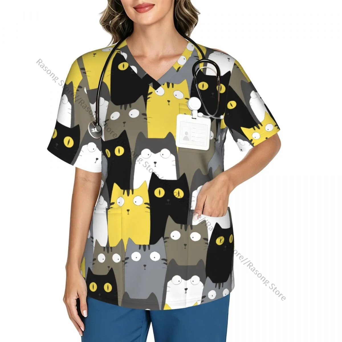 Women's Medical Scrub Top V Neck Short Sleeve Cute Cats Stretch Nursing Uniform for Hospital Clinic