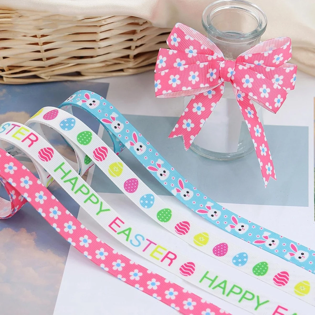 1 Roll 5 Yards 1.6cm Spring Easter Grosgrain Ribbon for Gift Wrapping Bunny Egg Stripe Printed Colored Ribbons for Crafts Wreath