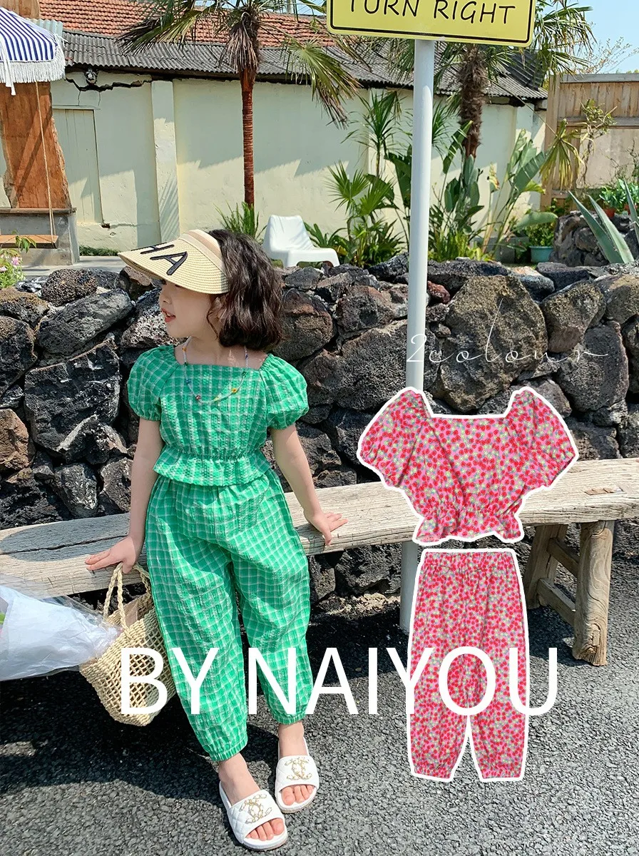 

Summer Baby and Girls Cotton Plaid Floral Puff Sleeves Cropped Shirt Tops+Pant Sets Kids Tracksuit Children 2PCS Outfit 2-8 Yrs