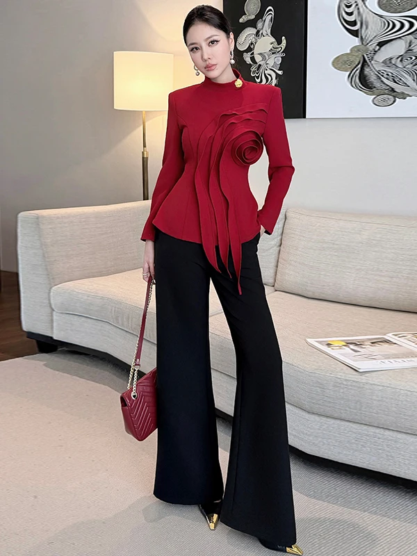 

Slimming Long Sve 3D Floral Print Top High Waist Wide Leg Pants Faionable Two Piece Set Women's Spring New Sle Casual ...