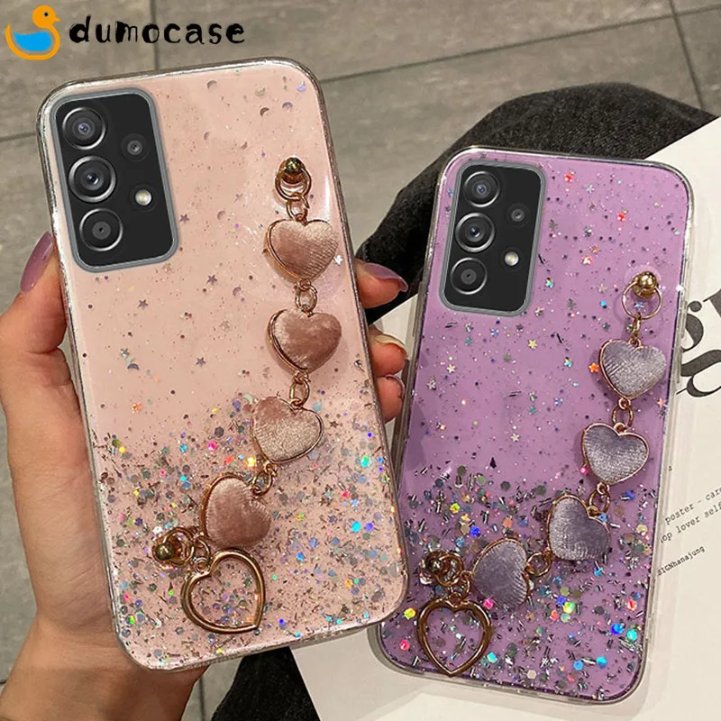 Bling Lấp Lánh Trái Tim Sang Trọng Dây Vòng Tay Ốp Lưng Điện Thoại Sansung Galaxy A52 A32 A72 A12 A13 A33 A51 A31 a21S Cổ Tay Da