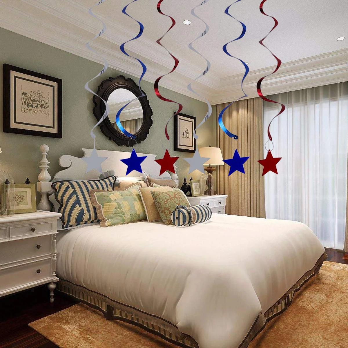 12 قطعة زينة دوامة وطنية أحمر فضي أزرق سقف اللافتات يوم الاستقلال زينة دوامة للحفلات