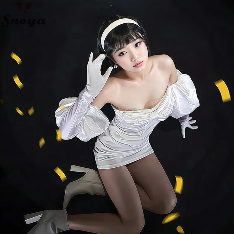 Snoya Sua Cosplay Clothing synthetic Wig Anime alien stage cosplay Costume Short black hair and White dress for women view 3