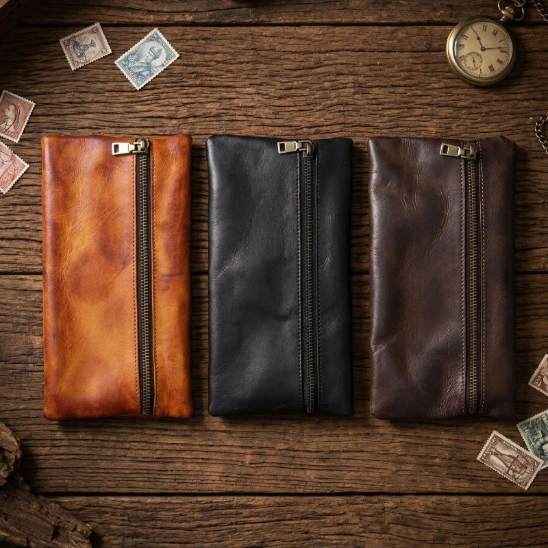 2 in 1 Handmade Leather Pencil Case Vintage Zipper Coin Pouches  for Phone Coins Cash Cosmetics Storage