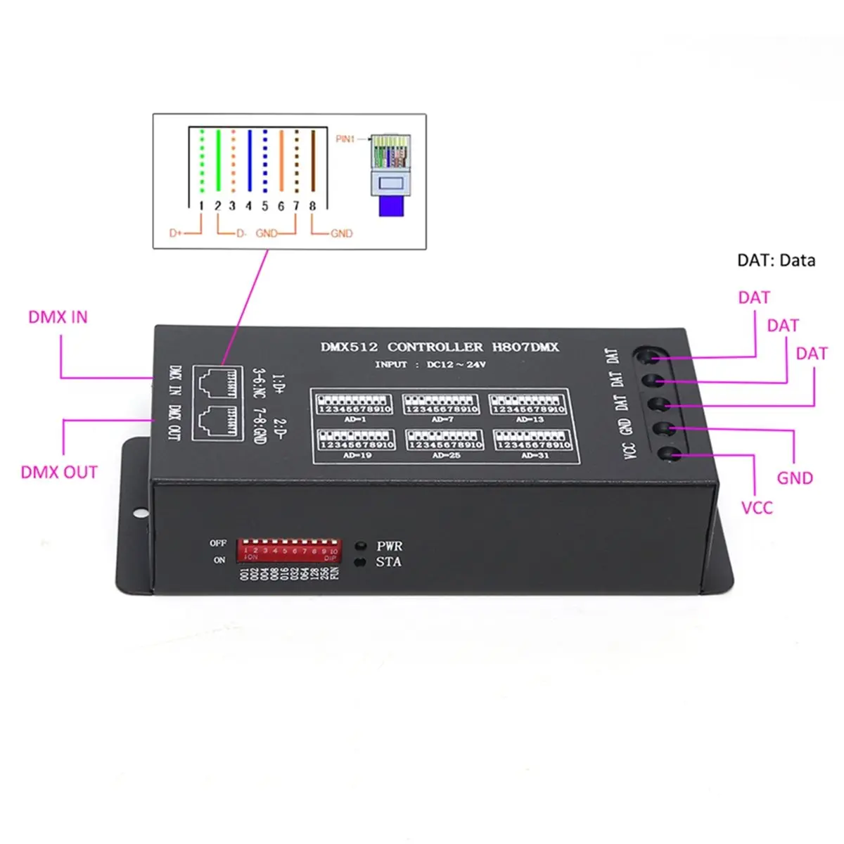 

Контроллер DMX512 (A32M) H807DMX, декодер DMX SPI, контроллер RGB, 14 каналов, для светодиодов WS2812 WS2813, DMX-контроллер для сценического освещения