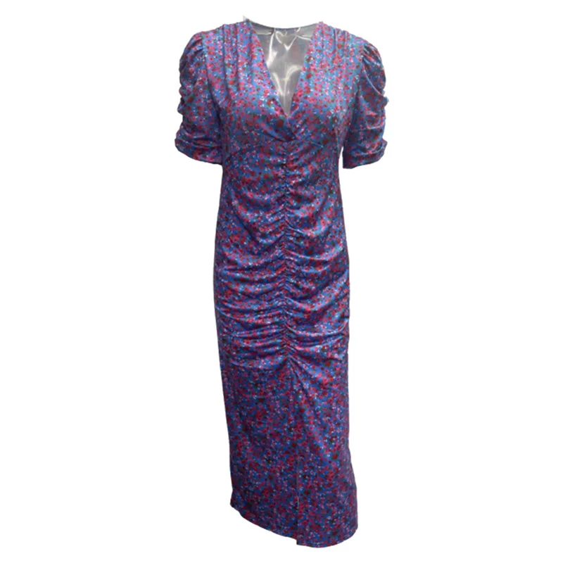Women Bubble Short Sleeve Dresses Deep V Neck Pullover Dress Split Hem Pleated Gown Female Sweet Style Small Flower Print Frock
