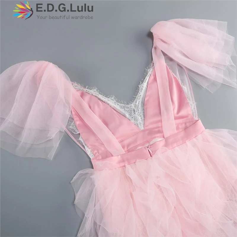Edglulu doce praia férias manga curta vestido rosa mulher rendas retalhos malha em camadas plissado borda solta vestidos longos 1109