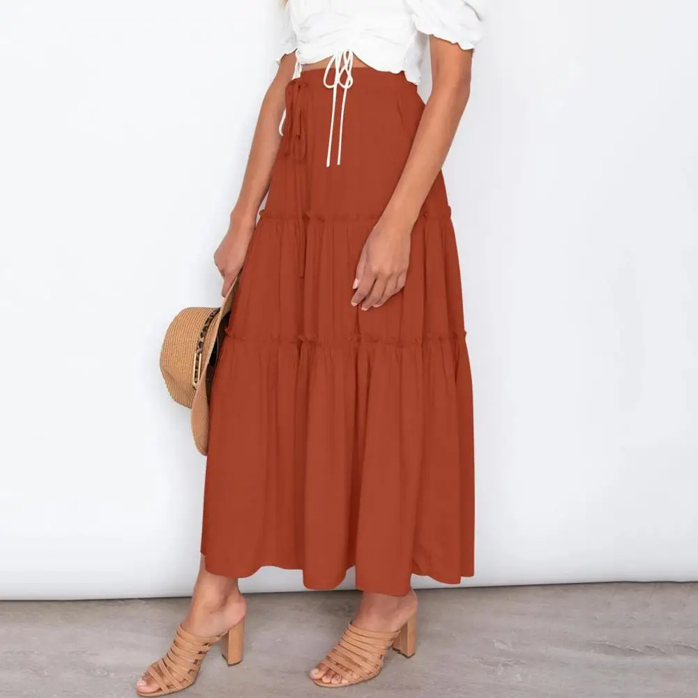 Summer Women Skirt Solid Color Boho Style A Line Pleated Design Elastic High Waist Large Hem Maxi Skirt Ruffle Swing Lady Skirt