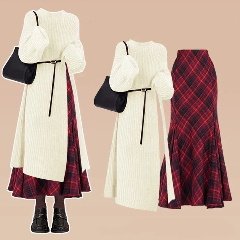 

Осень-зима, женский винтажный длинный свободный свитер с разрезом, клетчатые юбки, комплект, женский красный вязаный пуловер, топы, юбки-русалки, наряды