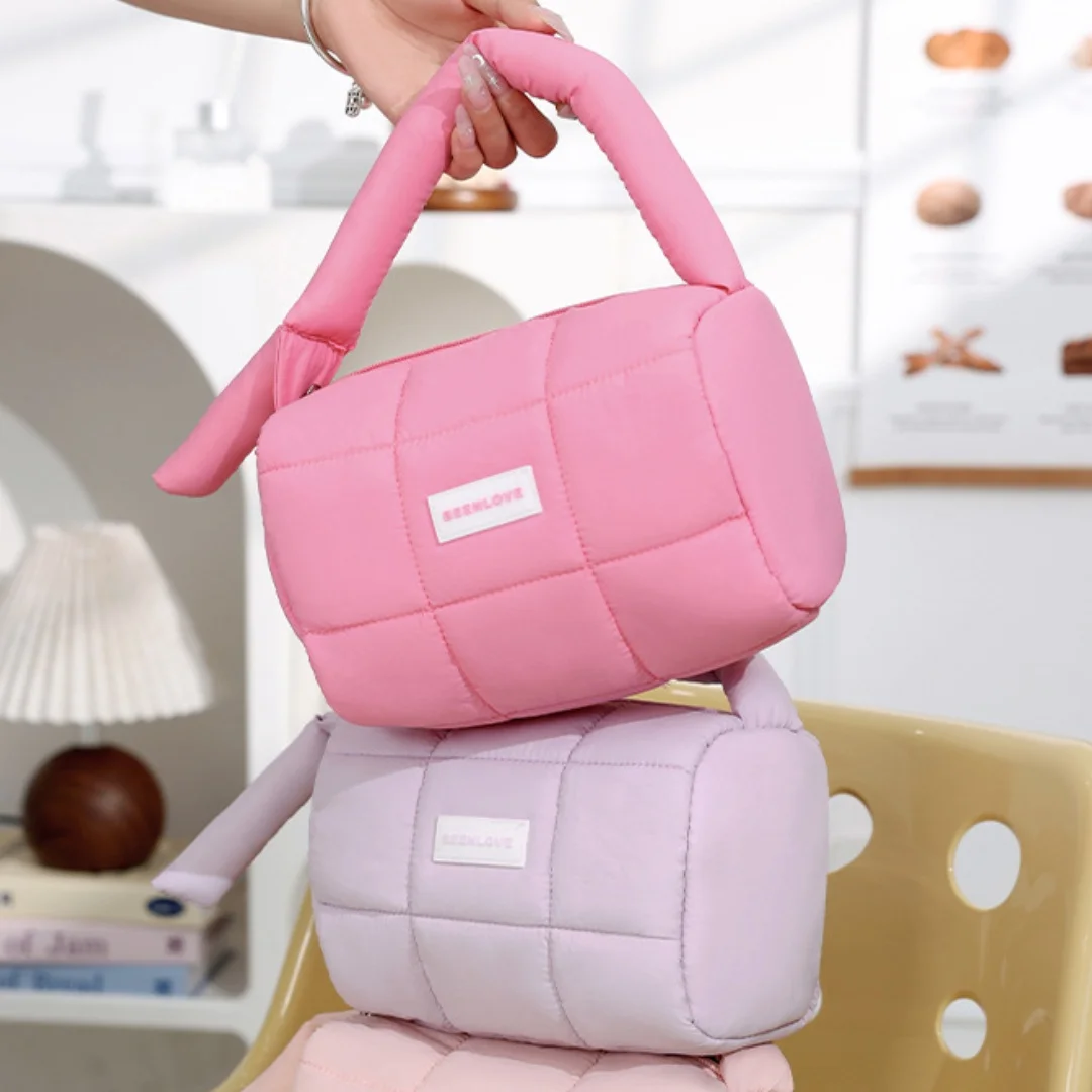 Cute Puff Handbag for Women Simple Solid Color Cosmetic Bag Lipstick Mobile Phone Storage Pouch Portable Makeup Bag New 1pcs