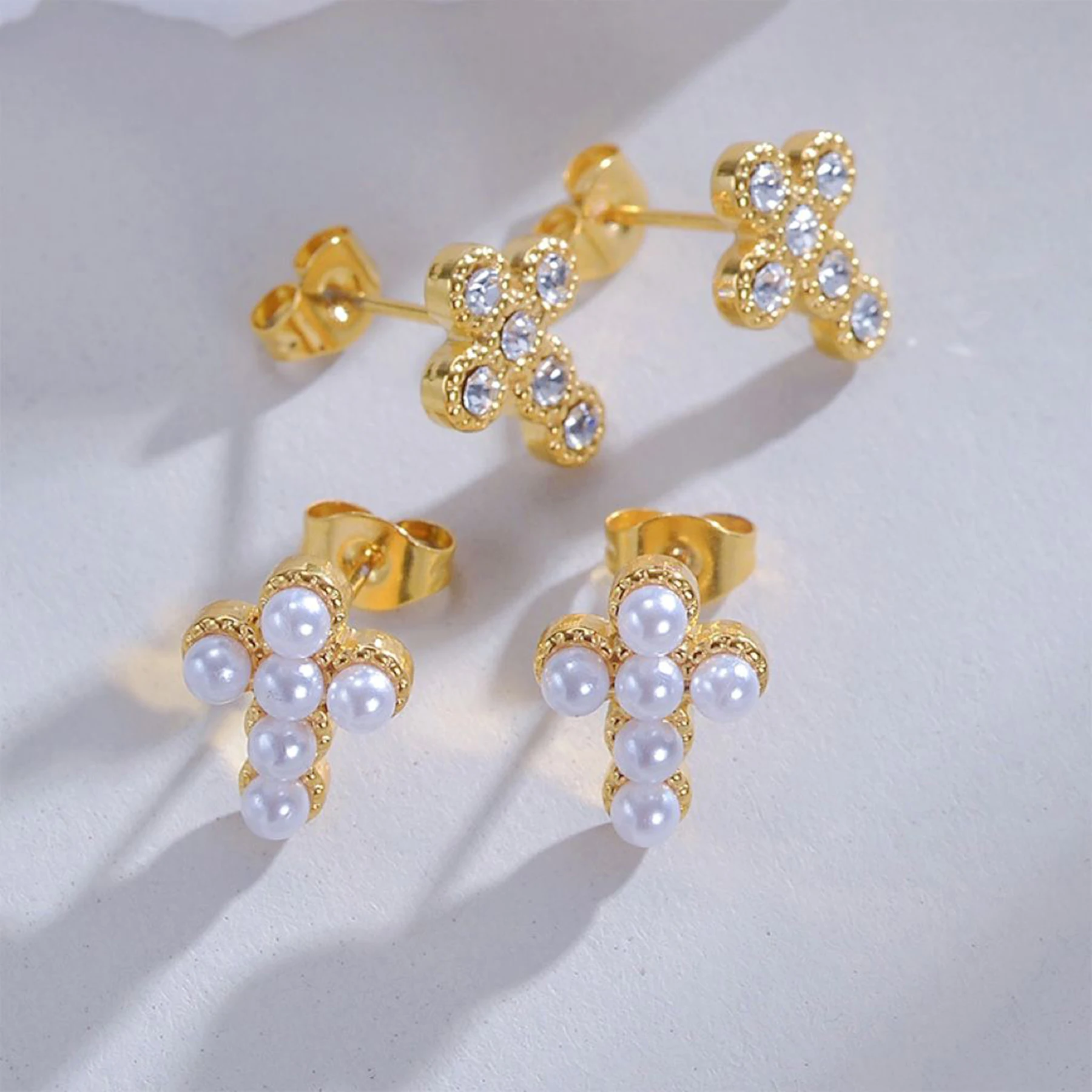 Fashion Imitation Pearl Zircon Cross Gold-plated Stainless Steel Earrings For Women Elegant Charming Jewelry Accessories Gifts