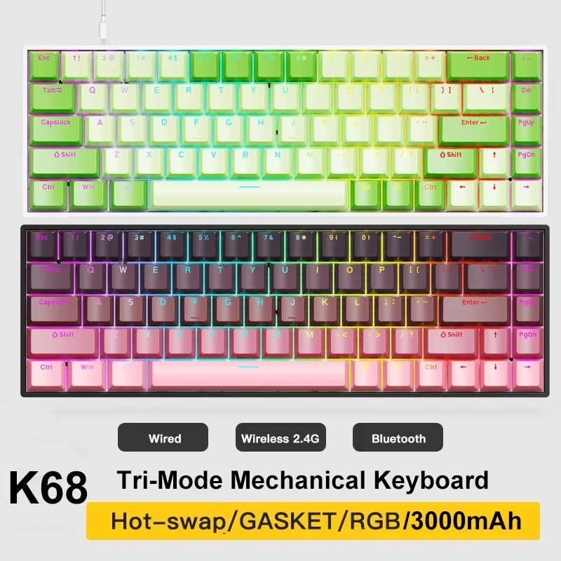 

Tri-Mode Mechanical Keyboard 2.4G/Wired/Bluetooth Keyboard RGB Wireless Keypad 68 Keys Gaming Keyboard Ergonomic Keyboard for PC