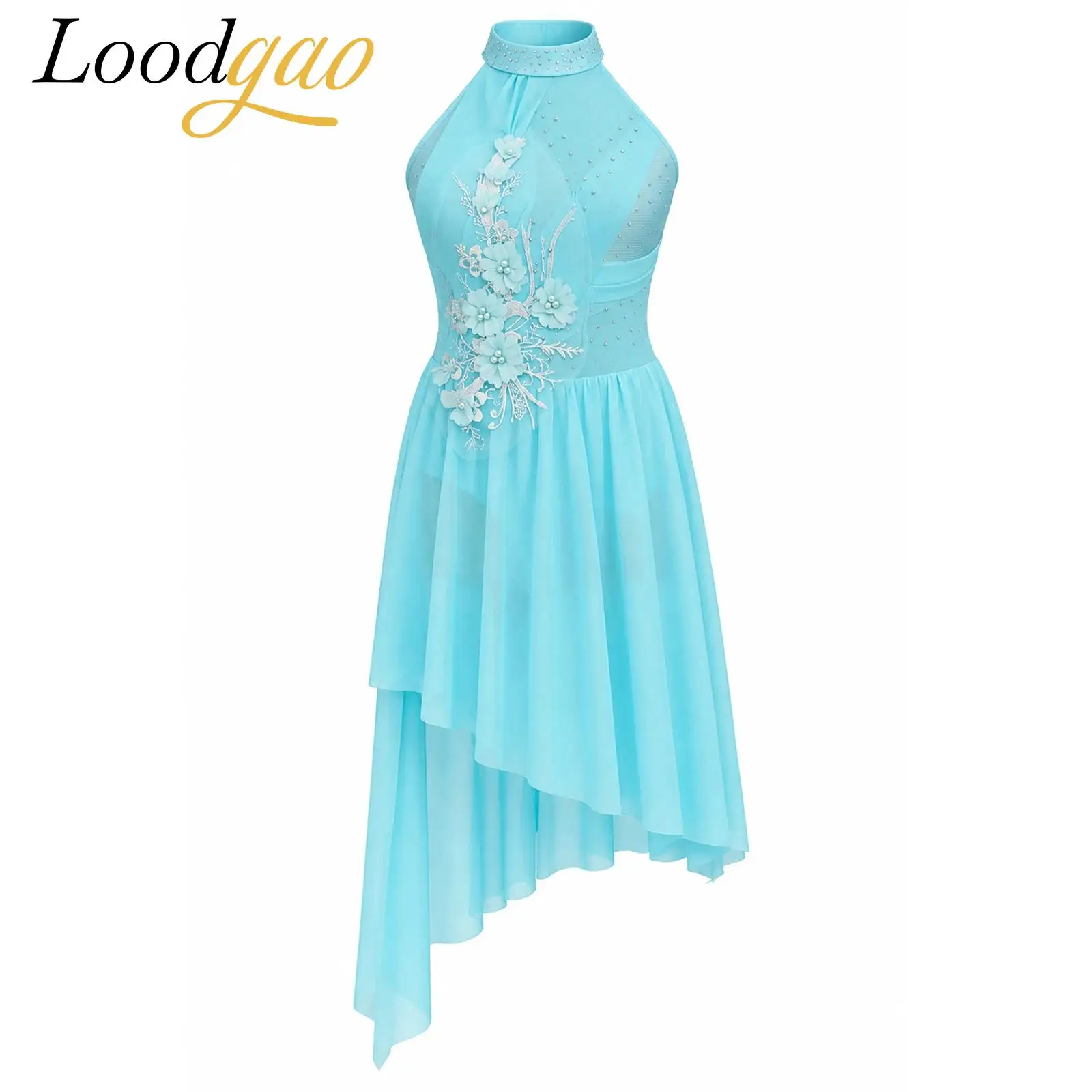 Girls Contemporary Dancewear Lyrical Dance Dress High-Low Applique Ballet Dresses Chiffon Splice Skirted Figure Skating Costume