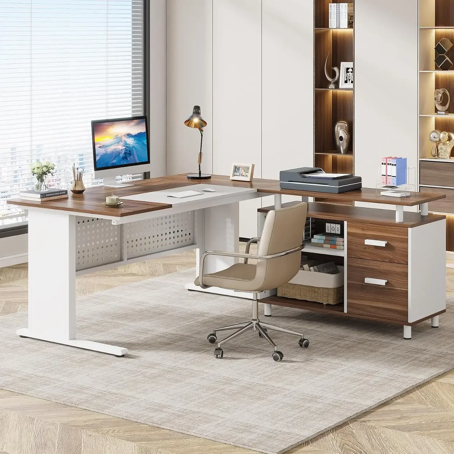 

L1218 63 Inch Executive Desk with File Cabinet, Large Office Desk L Shaped Computer Desk with Drawers and Storage Shelves for Ho