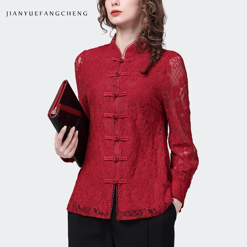 Vintage Chinese Style Red Lace Shirt 2023 Spring New Long Sleeve Stand-up Collar Hollow Design Women Tops Elegant Floral Blouses