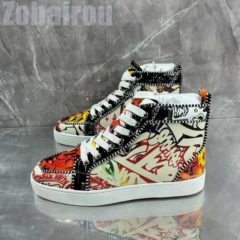 

Colorful Graffiti Print White Cross Tied Men Sneakers Fashion Lace Up Men Shoes Luxury Handmade Party Banquet Men Casual Shoes