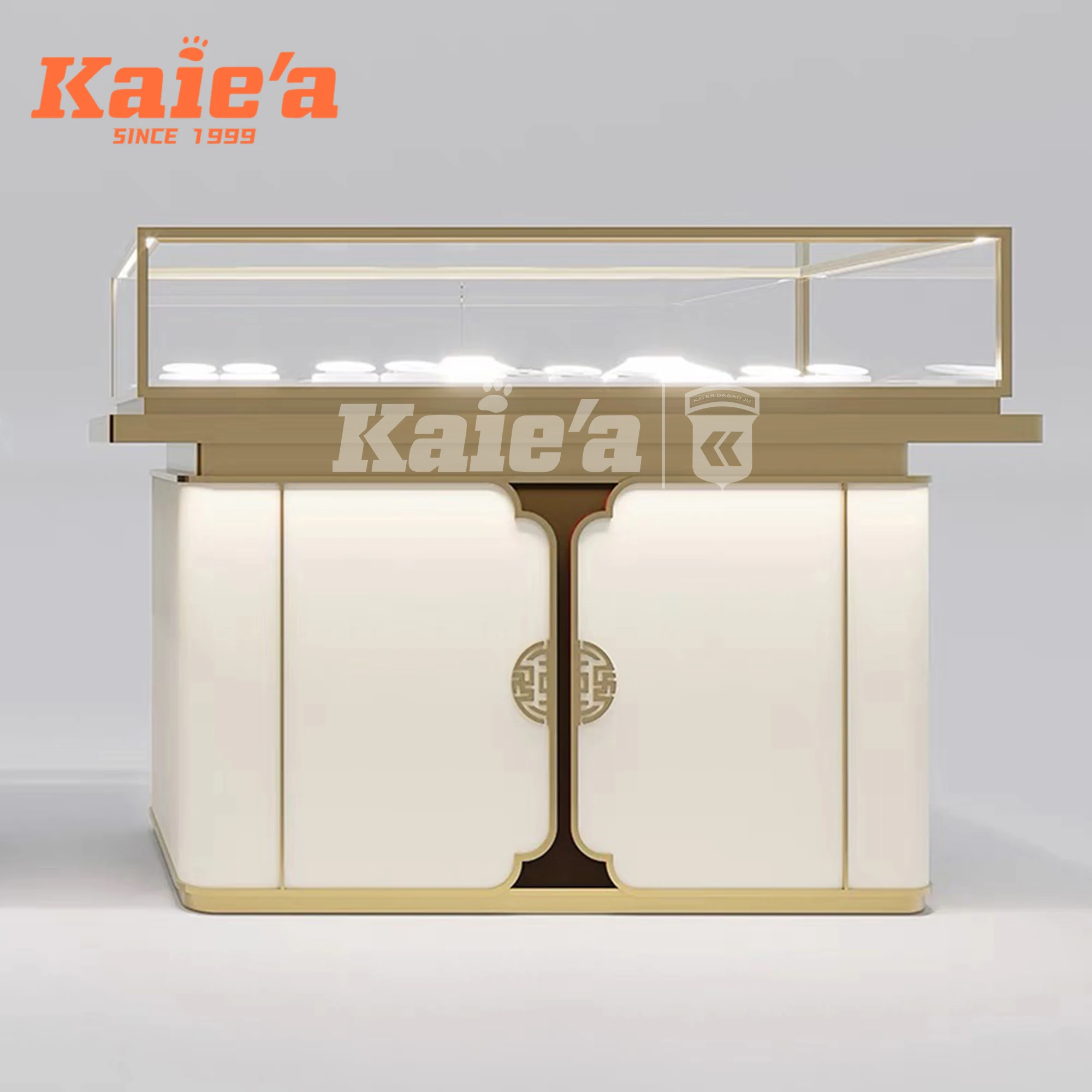 Modern Gold Jewelry Display Counter Kiosk for Shopping Mall Glass Showcase for Perfume & Jewellery Booth Design