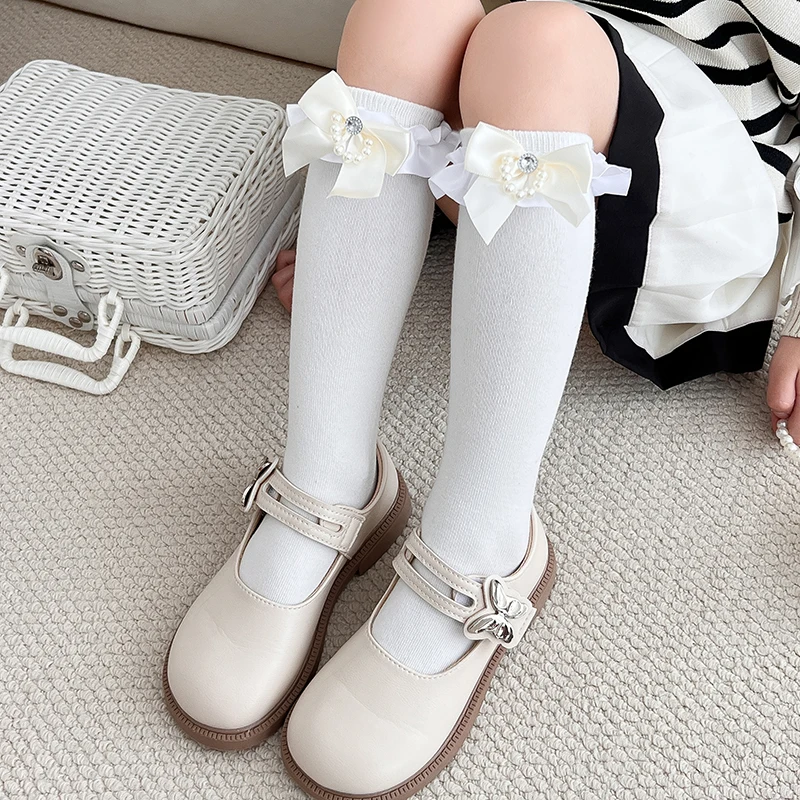 Lovely Kids Academy Style Calf Stockings Decorated With Fringe Pearl Satin Bow And Delicate Edges Skin Friendly Comfort Legwear