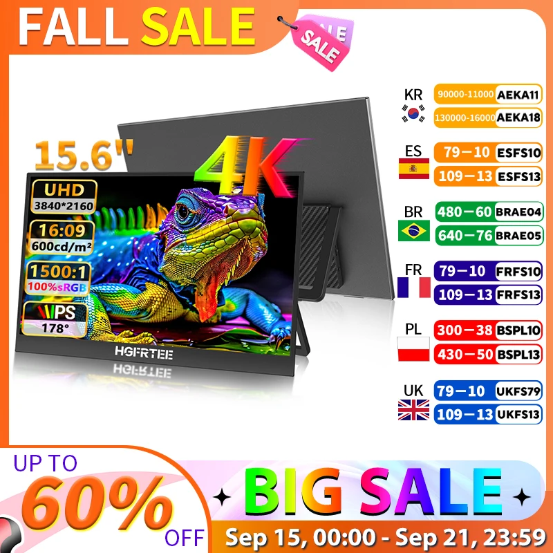 

HGFRETEE 4K 15.6 inch Portable Monitor UHD 100%sRGB USB-C HDMI 600cd/m2 IPS External Display for Laptop PC Mac PS5/4 Xbox Switch