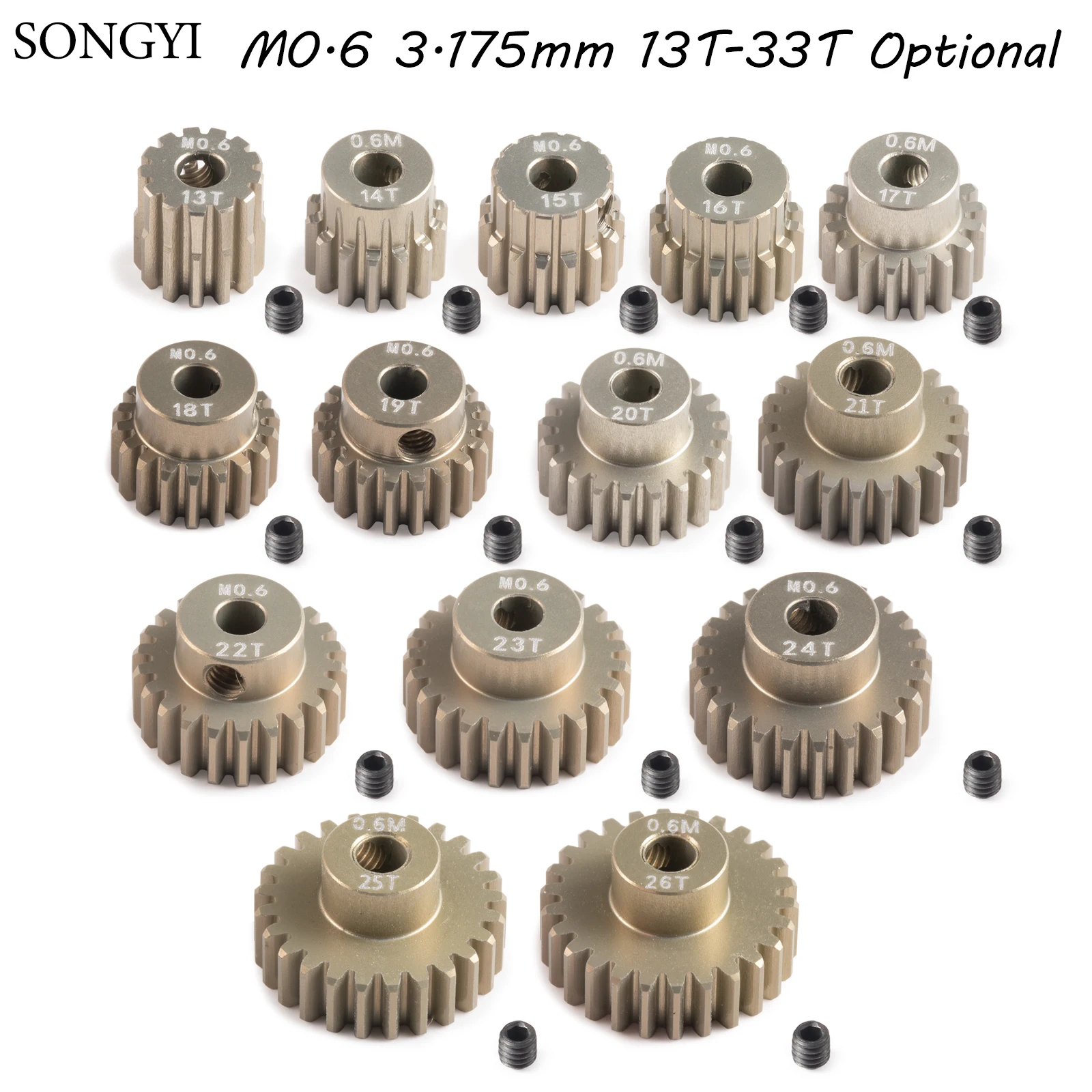 

M0.6 13T-33T 3.175mm Aperture Pinion Motor Gear Metal 7075 Aluminum Alloy Lightweight and Strong for 1/10 RC Model Car Parts