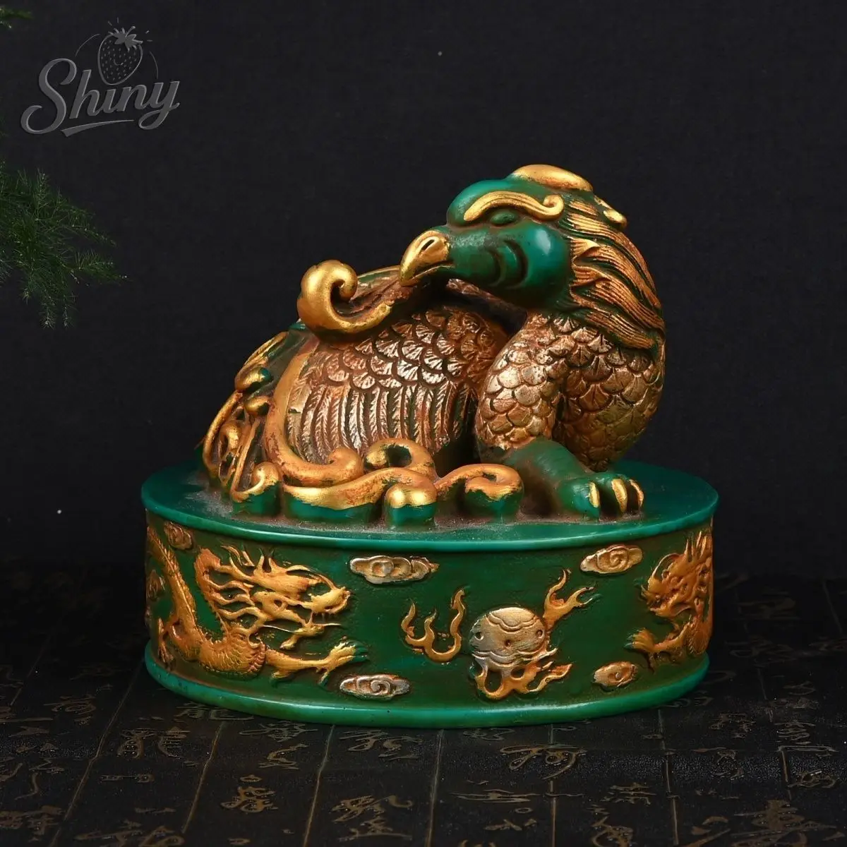 Phoenix Seal Optimized Turquoise Jade Seal with Gilded Divine Beast Design Home Feng Shui Decorative Item