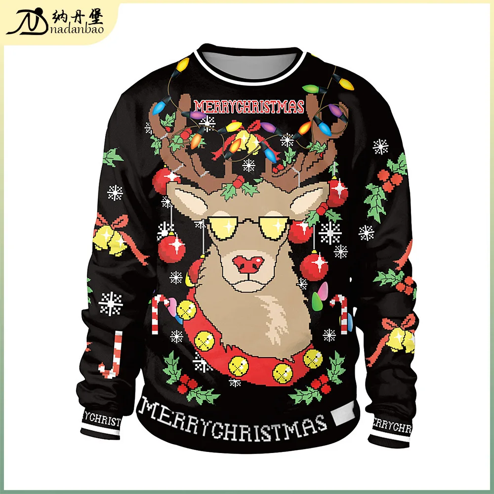 2024 Spring Hot Selg Reindeer Digital Printing Hoodie Sweatshirt Round Neck Long Sleeve Shirt