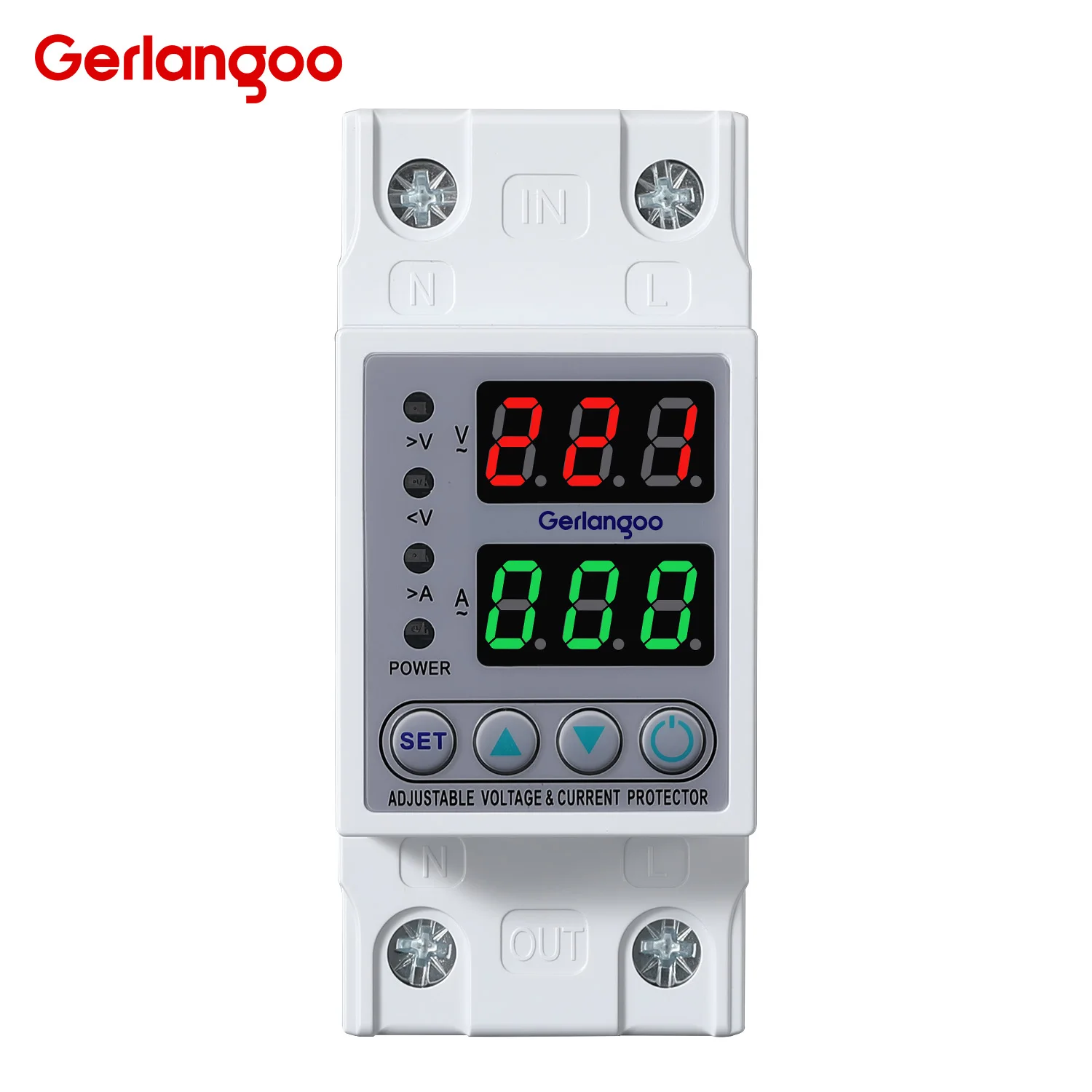 Din Rail Over Under Voltage & Current Protector Dual Digital Display AC230V Adjustable Auto Reset Single Phase Protection Device