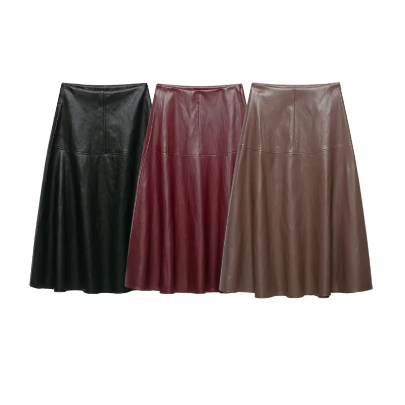 Women Atumn Winter Leather effect layered decorative MIDI Skirt New Casual Versatile Retro Style thick version A-line Skirts
