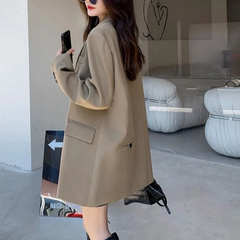 Khaki Long Sleeved Suit Jacket for Women Korean Fashion Back Split Office Lady Blazer Coat High Quality Loose Blazers