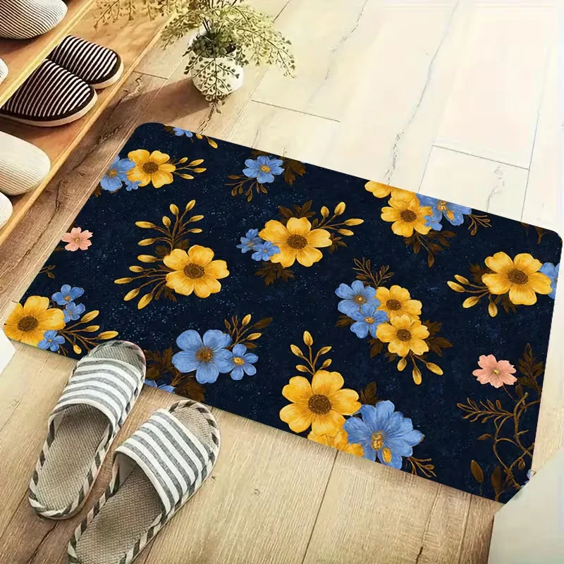 Dark Blue Background Wildflower Butterfly Doormat Colorful Meadow Floral Print Non Slip Entry Mat For Porch Kitchen