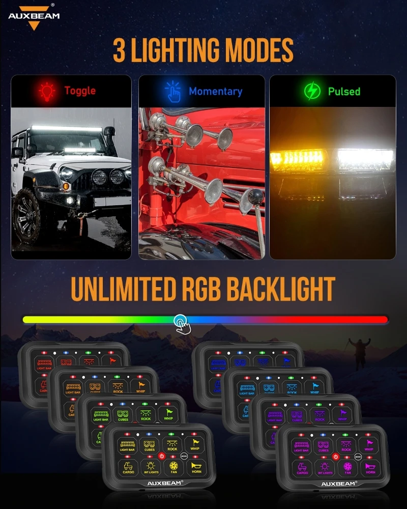 AUXBEAM 8 Gangs RGB LED On-Off Switch Panel bluetooth APP Control Universal Lights Electronic Power Relay Control System AR-800