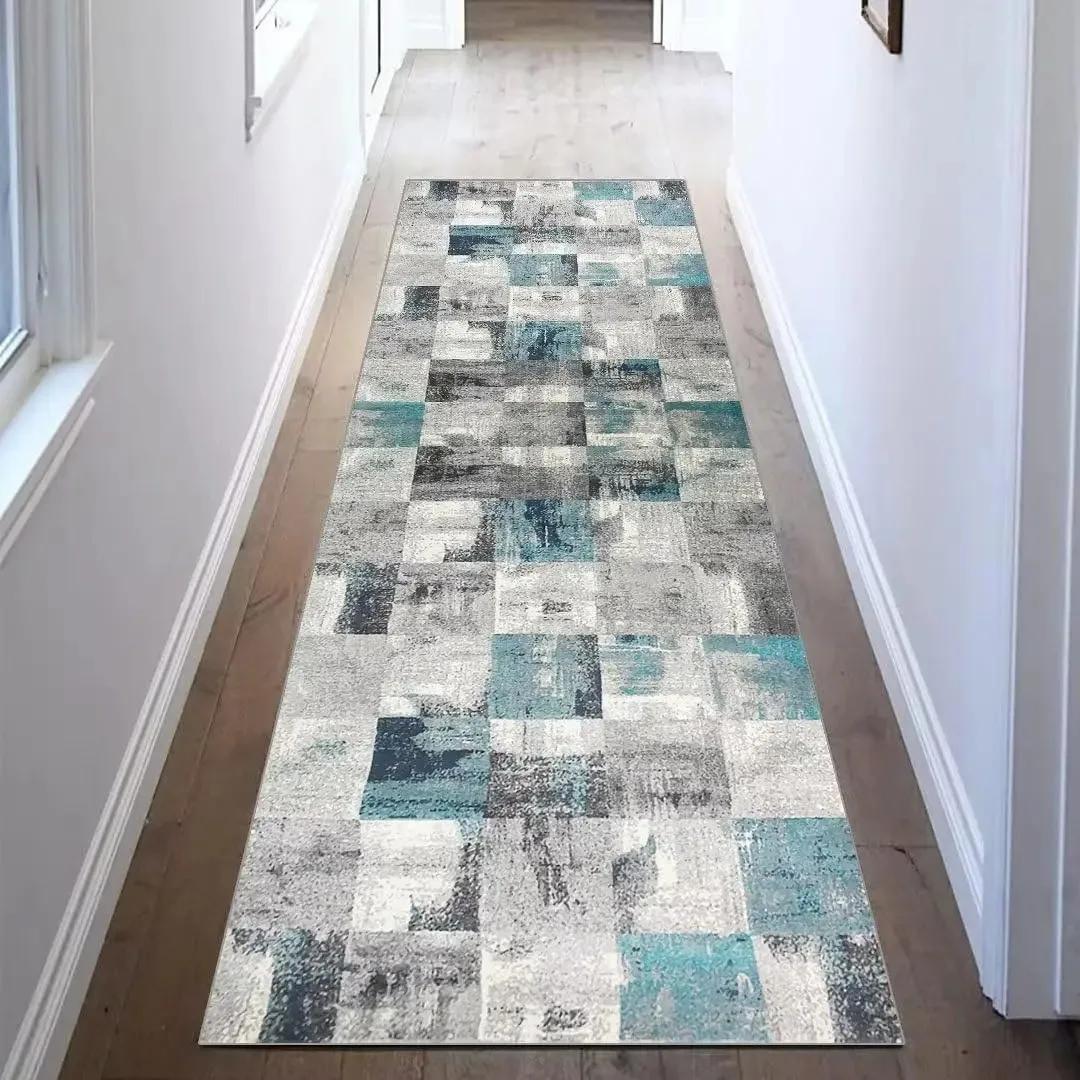 Modern Abstract Geometric Hallway Runner Rug Teal Blue Grey Distressed Checkerboard Long Area Carpet for Entryway Non-Slip